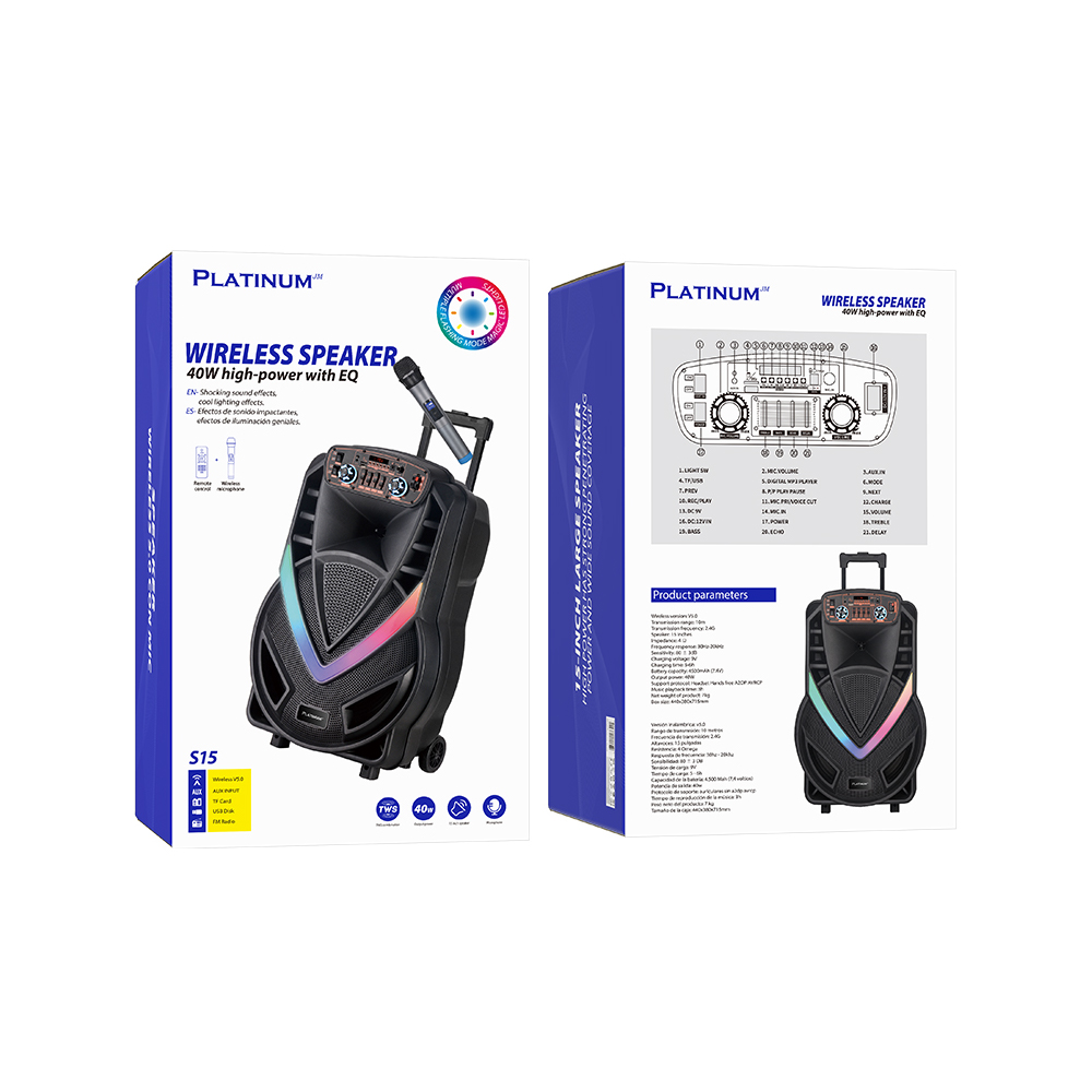 Speaker Bluetooth 15'' S15 Platinum Con Microfono, 40w Con Equalizador, Bateria 3600mah, Radio - Image 4