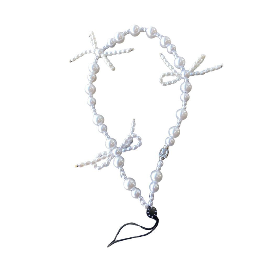 Cadena Corta Con Perlas Blancas Y Lazos Para Telefono