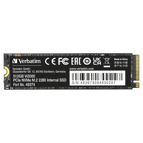 Disco Duro 512gb Vi3000 Pcie Nvme M.2 2280, 3d Nand, Escritura 2100 Mb/S, Lectura 3100 Mb/S-Verbatim